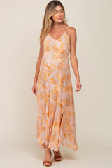 Yellow Palm Print Front Tie Maternity Maxi Dress