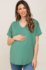 Green V-Neck Short Sleeve Curved Hem Maternity Top