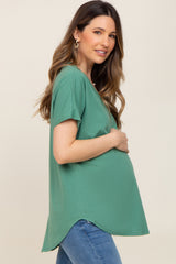 Green V-Neck Short Sleeve Curved Hem Maternity Top