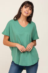 Green V-Neck Short Sleeve Curved Hem Top