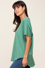 Green V-Neck Short Sleeve Curved Hem Top