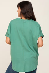 Green V-Neck Short Sleeve Curved Hem Top