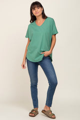 Green V-Neck Short Sleeve Curved Hem Maternity Top