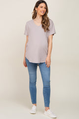 Grey V-Neck Short Sleeve Curved Hem Maternity Top