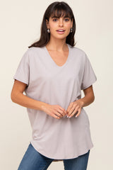 Grey V-Neck Short Sleeve Curved Hem Top