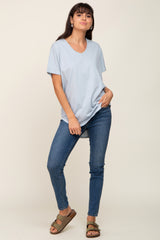 Light Blue V-Neck Short Sleeve Curved Hem Top