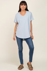 Light Blue V-Neck Short Sleeve Curved Hem Top