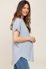 Light Blue V-Neck Short Sleeve Curved Hem Maternity Top