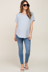 Light Blue V-Neck Short Sleeve Curved Hem Maternity Top