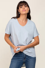 Light Blue V-Neck Short Sleeve Curved Hem Maternity Top