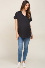 Black V-Neck Short Sleeve Curved Hem Maternity Top