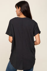 Black V-Neck Short Sleeve Curved Hem Top