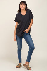 Black V-Neck Short Sleeve Curved Hem Top