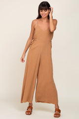 Camel Linen Criss Cross Back Side Tie Wide Leg Jumpsuit