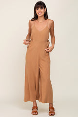 Camel Linen Criss Cross Back Side Tie Wide Leg Jumpsuit