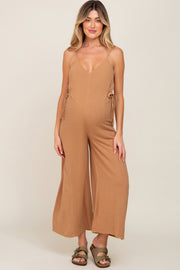 Camel Linen Criss Cross Back Side Tie Wide Leg Maternity Jumpsuit