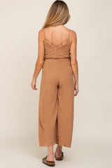 Camel Linen Criss Cross Back Side Tie Wide Leg Maternity Jumpsuit