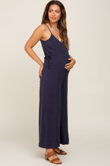 Navy Blue Linen Criss Cross Back Side Tie Wide Leg Maternity Jumpsuit