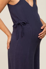 Navy Blue Linen Criss Cross Back Side Tie Wide Leg Maternity Jumpsuit