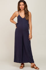 Navy Blue Linen Criss Cross Back Side Tie Wide Leg Maternity Jumpsuit