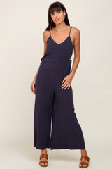 Navy Blue Linen Criss Cross Back Side Tie Wide Leg Maternity Jumpsuit