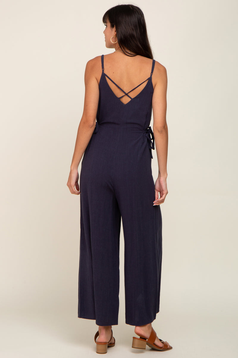 Navy Blue Linen Criss Cross Back Side Tie Wide Leg Jumpsuit – PinkBlush