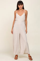 Beige Linen Criss Cross Back Side Tie Wide Leg Jumpsuit