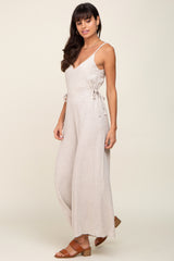 Beige Linen Criss Cross Back Side Tie Wide Leg Jumpsuit