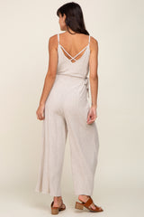 Beige Linen Criss Cross Back Side Tie Wide Leg Jumpsuit