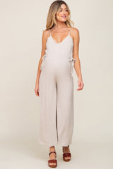 Beige Linen Criss Cross Back Side Tie Wide Leg Maternity Jumpsuit