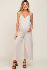 Beige Linen Criss Cross Back Side Tie Wide Leg Maternity Jumpsuit