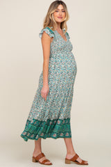 Teal Printed Colorblock Maternity Midi Dress