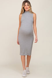 Heather Grey Ribbed Mock Neck Maternity Midi Dress