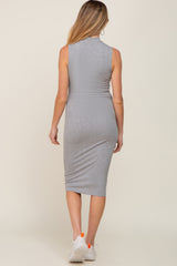 Heather Grey Ribbed Mock Neck Maternity Midi Dress