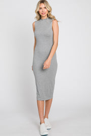 Heather Grey Ribbed Mock Neck Midi Dress