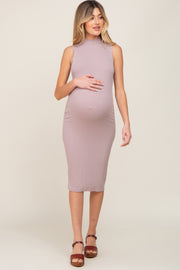 Mocha Ribbed Mock Neck Maternity Midi Dress