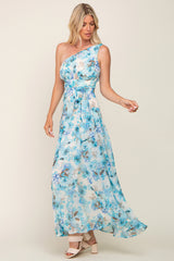 Blue Floral Chiffon One Shoulder Maxi Dress