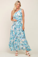 Blue Floral Chiffon One Shoulder Maxi Dress