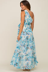 Blue Floral Chiffon One Shoulder Maternity Maxi Dress