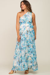 Blue Floral Chiffon One Shoulder Maternity Maxi Dress