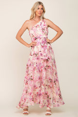 Fuchsia Floral Chiffon One Shoulder Maternity Maxi Dress