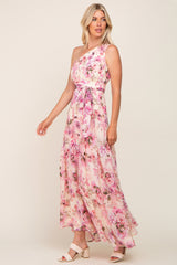 Fuchsia Floral Chiffon One Shoulder Maxi Dress