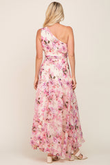 Fuchsia Floral Chiffon One Shoulder Maxi Dress