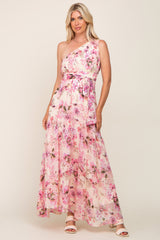 Fuchsia Floral Chiffon One Shoulder Maxi Dress