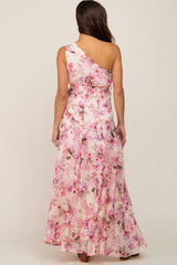 Fuchsia Floral Chiffon One Shoulder Maternity Maxi Dress