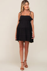 Black Square Neck Shoulder Tie Pleated Detail Maternity Dress