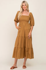 Camel Square Neck Smocked Tiered Maternity Maxi Dress