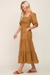 Camel Square Neck Smocked Tiered Maxi Dress