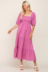 Fuchsia Square Neck Smocked Tiered Maternity Maxi Dress