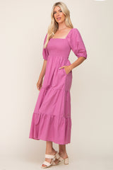 Fuchsia Square Neck Smocked Tiered Maxi Dress